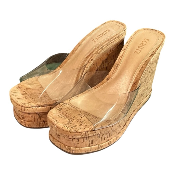 Schutz Size 10.5 Women's Dalle Vinyl Cutout Platform Wedge Sandals Cork NEW - Picture 2 of 11